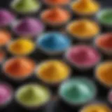 A vibrant array of colored powdered sugars in decorative bowls