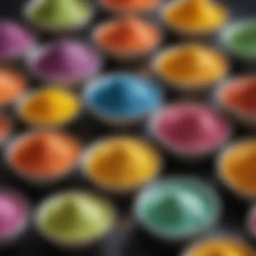 A vibrant array of colored powdered sugars in decorative bowls