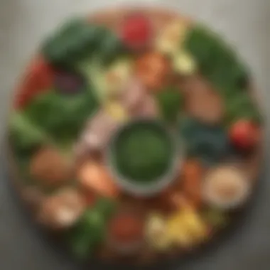 Assortment of low-carb foods including leafy greens, proteins, and healthy fats