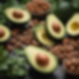 A colorful arrangement of keto-friendly foods including avocados, nuts, and leafy greens.