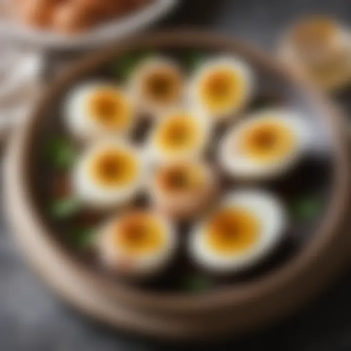 A beautifully garnished plate of seasoned boiled eggs