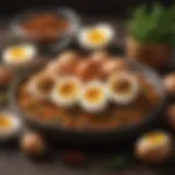 A variety of spices and herbs arranged around boiled eggs