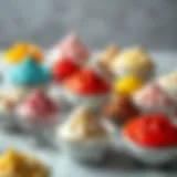An array of colorful icing types displayed in elegant bowls