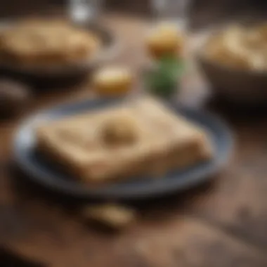 Matzo displayed on a rustic wooden table.