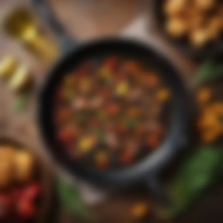 A seasoned cast iron skillet displaying vibrant food cooked within