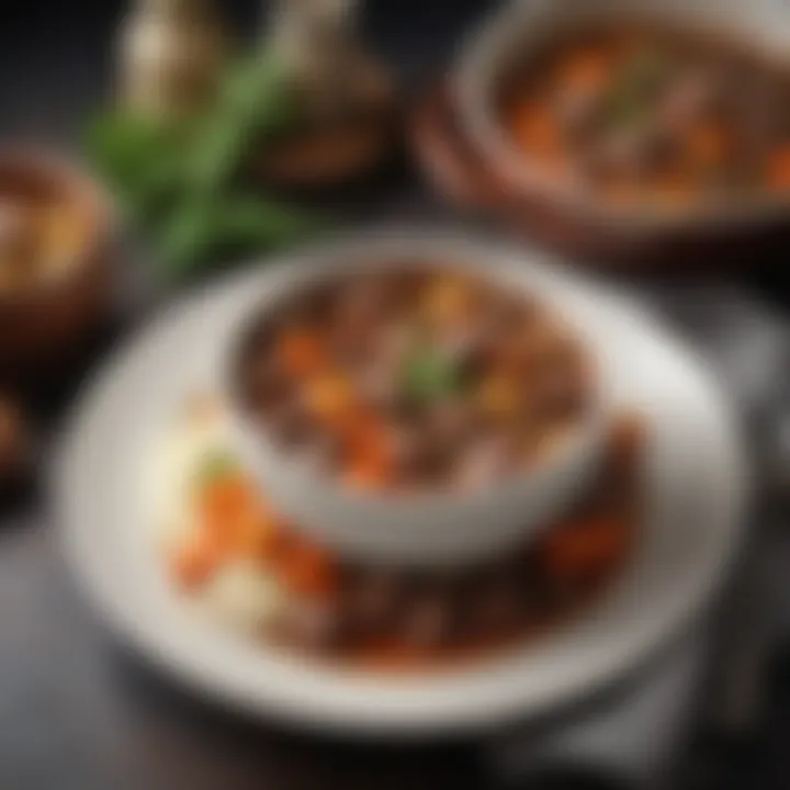 Delicious plated beef stew with garnishes
