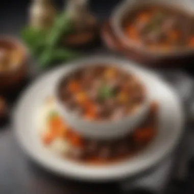 Final Presentation of Beef Stew Delicious plated beef stew with garnishes