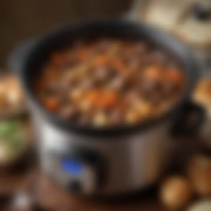 Crock pot filled with simmering beef stew