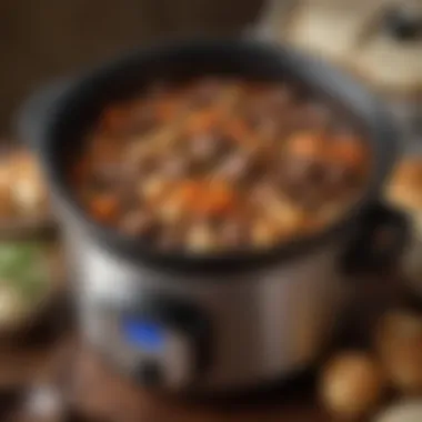 Beef Stew Cooking in a Crock Pot Crock pot filled with simmering beef stew