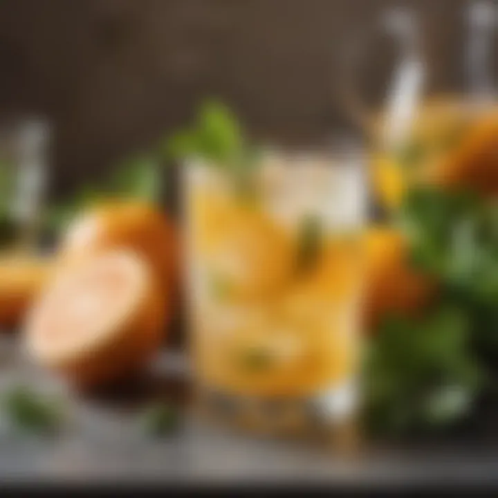 A glass of chilled beverage infused with citrus and herbs