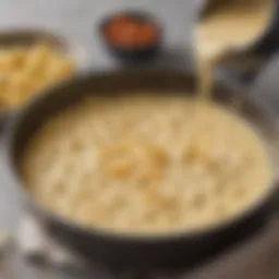 A close-up view of a creamy cheese sauce glistening in a saucepan