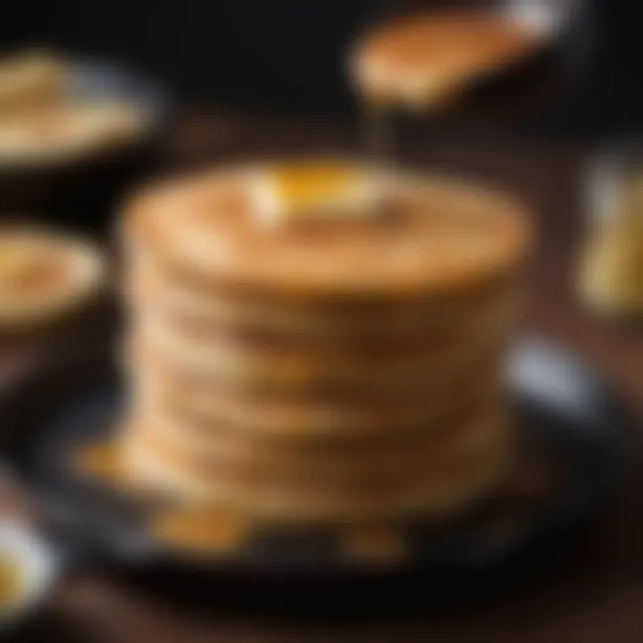 Golden brown pancakes stacked high in a cast iron skillet