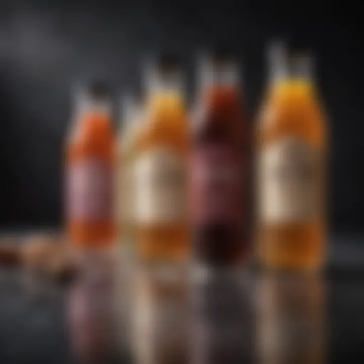 A variety of flavor syrups lined up in colorful bottles