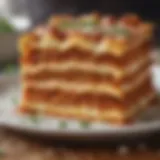 Layers of freshly made lasagna showcasing ricotta cheese and sauce