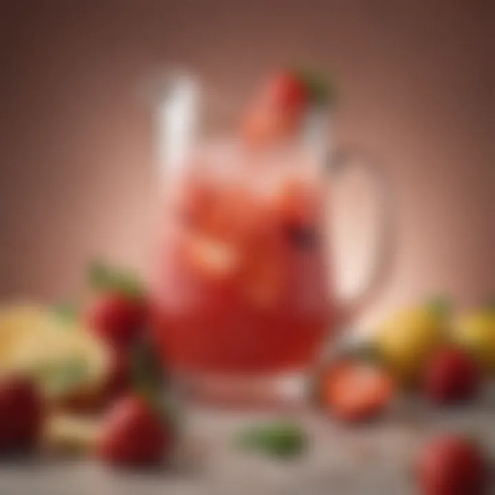 A pitcher of strawberry lemonade surrounded by fresh fruits