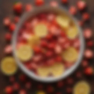 A close-up of sliced strawberries and lemons in a bowl