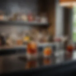 A sophisticated home bar setup showcasing elegant glassware and cocktail tools.