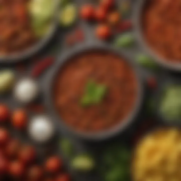 A selection of fresh ingredients for chili like beans, tomatoes, and spices