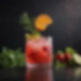 A vibrant cocktail garnished with fresh herbs and fruit.