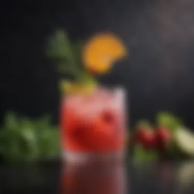 A vibrant cocktail garnished with fresh herbs and fruit.