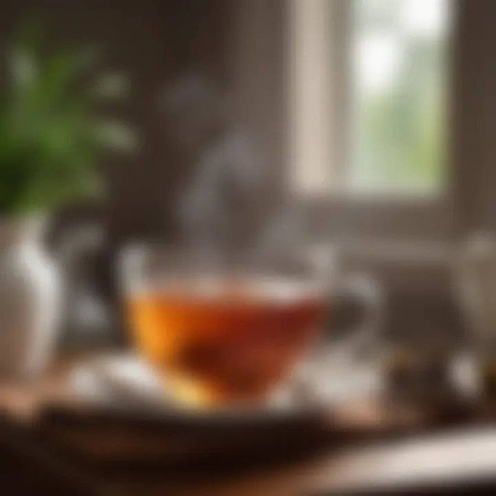 A cozy setting showing a teacup with tea steeping and aromatic steam rising.