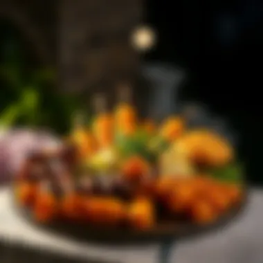 Delicious grilled dishes arranged on a platter under starlight