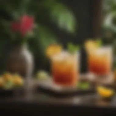 An elegant setup featuring a Mai Tai cocktail alongside tropical fruits.