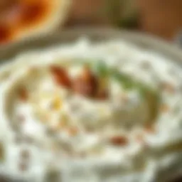 A close-up view of creamy ricotta cheese with herbs and spices