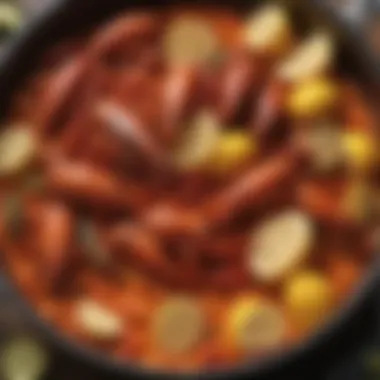 A colorful spread of spices and ingredients used in a crawfish boil.