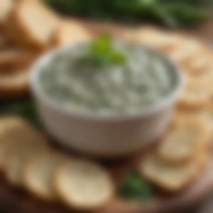 A close-up of a creamy spinach dip with herbs sprinkled on top