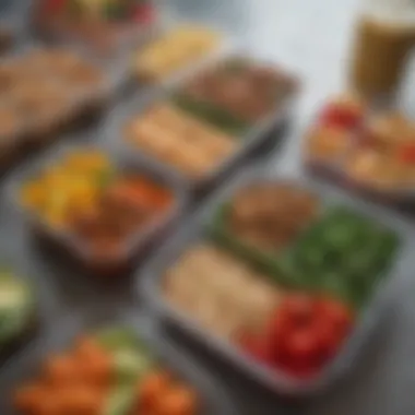 Meal prep containers arranged with diverse healthy meals