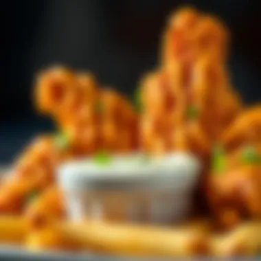 Close-up of crispy ranch fried chicken wings with a rich ranch dip