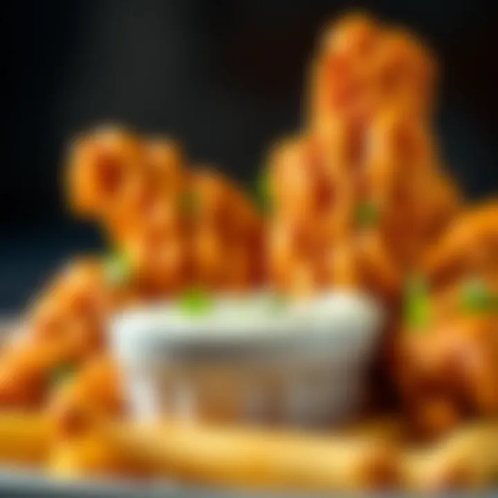 Close-up of crispy ranch fried chicken wings with a rich ranch dip