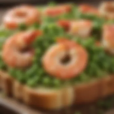 Close-up of fresh, succulent shrimp paired with bright green peas on a crispy toast.