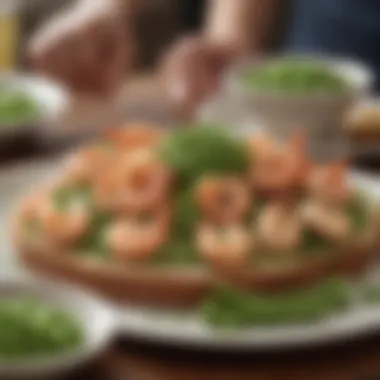 An inviting dining table with shrimp and peas on toast as the centerpiece, ready for a gathering.