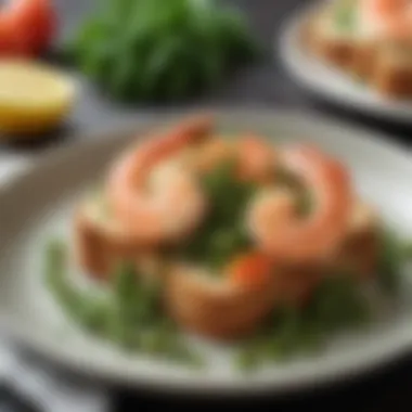 A beautifully plated dish of shrimp and peas on toast, showcasing vibrant colors and textures.