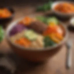 A vibrant bowl of brown rice mixed with colorful vegetables and herbs