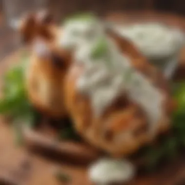 Grilled chicken drizzled with ranch dressing and garnished with herbs