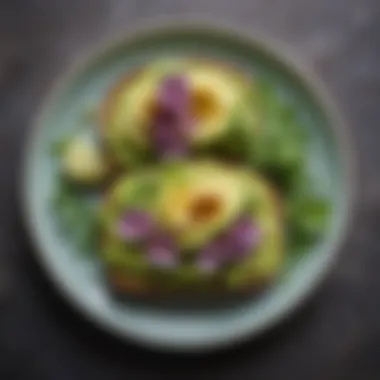 Avocado Toast Elegance A beautifully plated avocado toast topped with microgreens and edible flowers