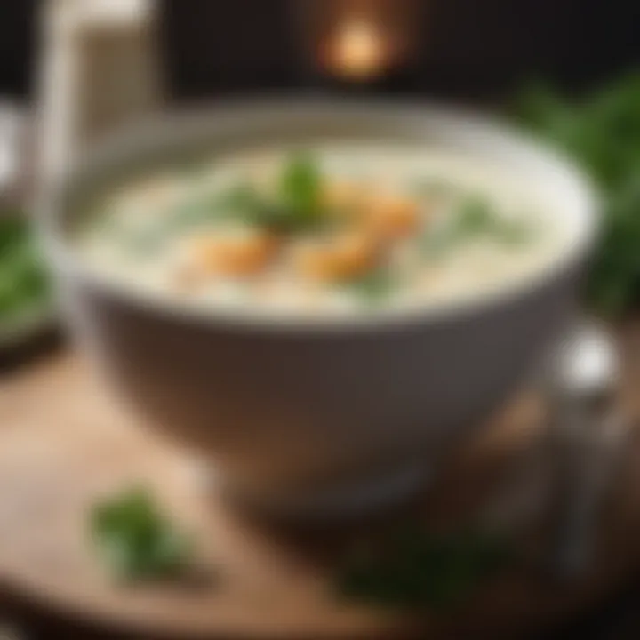 A creamy coconut milk soup garnished with fresh herbs