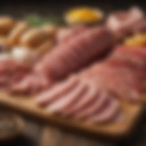 A colorful assortment of deli meats displayed on a wooden board