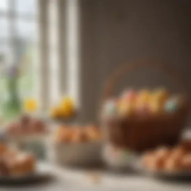 Elegant Easter Breakfast Basket An elegant Easter breakfast basket filled with colorful eggs and fresh pastries.