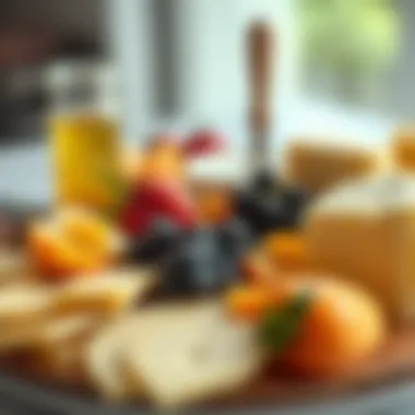 Artfully Arranged Cheese Platter A cheese platter beautifully arranged with sliced cheese and fruits