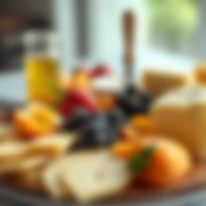 Artfully Arranged Cheese Platter A cheese platter beautifully arranged with sliced cheese and fruits