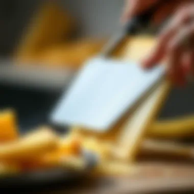 Precision Cheese Cutting A close-up of a cheese slicer in action, slicing a block of cheese