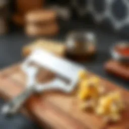 A sleek stainless steel cheese slicer on a wooden cutting board