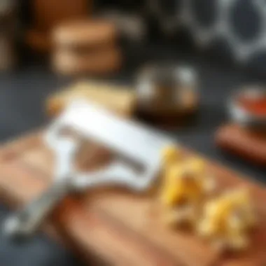 Elegant Cheese Slicing Tool A sleek stainless steel cheese slicer on a wooden cutting board