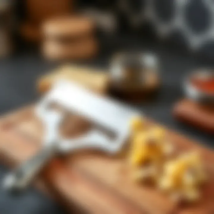 Elegant Cheese Slicing Tool A sleek stainless steel cheese slicer on a wooden cutting board