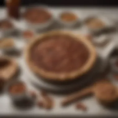 An assortment of ingredients for pecan pie laid out on a kitchen counter