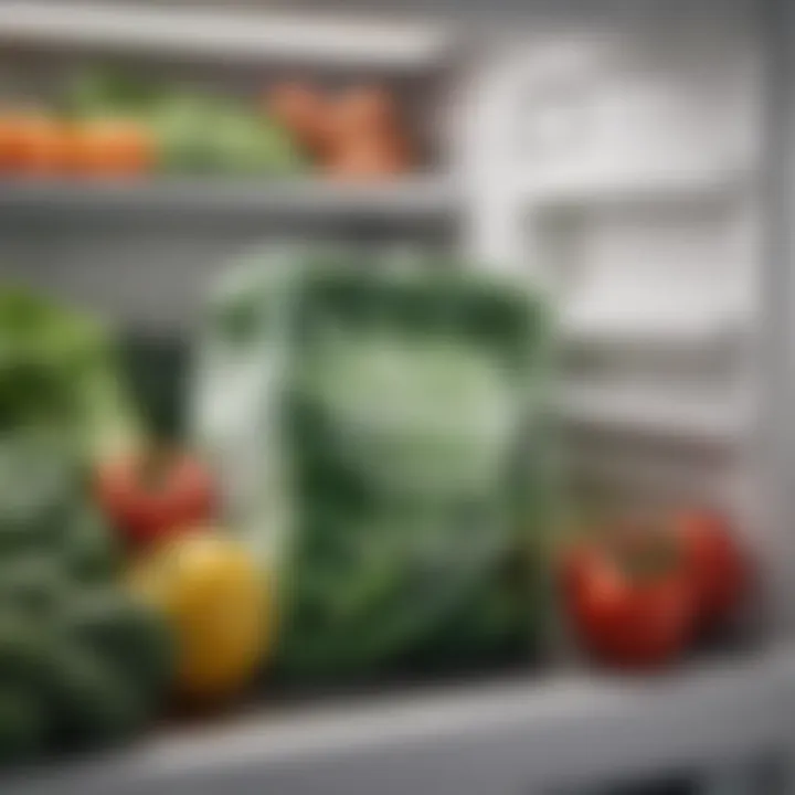 Close-up of a reusable fridge bag filled with fresh vegetables, emphasizing eco-friendliness